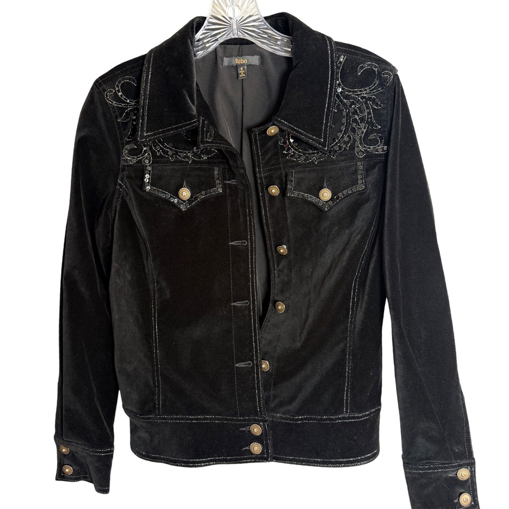 Reba Velvet Jacket Women Small Black Sequin Embroidered Western Boho Trucker‎
